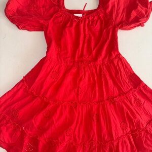 Zara Red Eyelet Dress with Puff Sleeves Sz 7